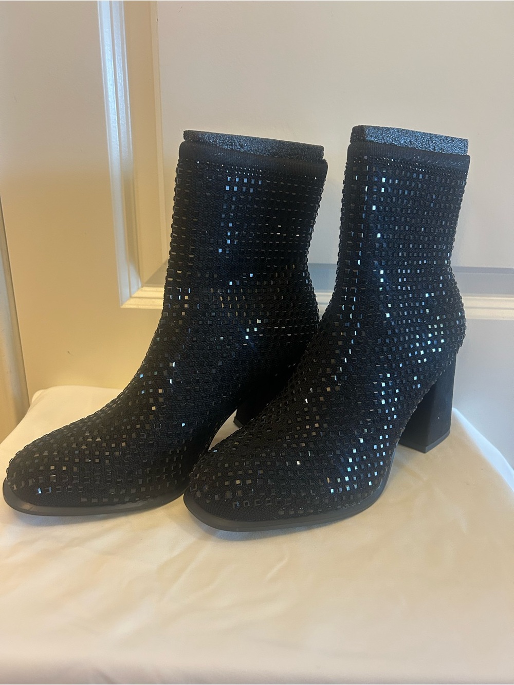 MIA Black Sequin Knit Block Heel Ankle Boots
